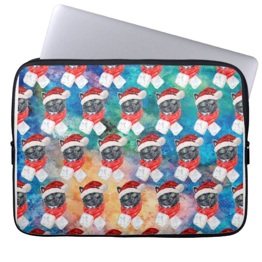 Black Cat mit Red Scarf Funny Christmas Laptopschutzhülle (Vorderseite)