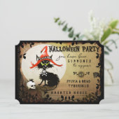 Black Cat & Moon Halloween-Party Einladung (Stehend Vorderseite)