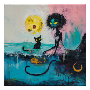 Black Cat Moon Magical Hexy AI Art Matt Value Poster