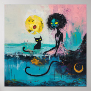 Black Cat Moon Magical Hexy AI Art Semi Gloss Poster