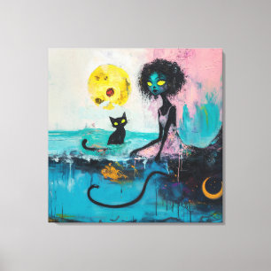 Black Cat Moon Ocean Pink Magical Hexe Kunst Leinwanddruck