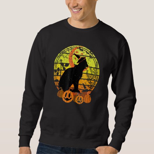 Black Cat Moon Pumpkin Hexenhut Halloween Beängsti Sweatshirt (Vorderseite)