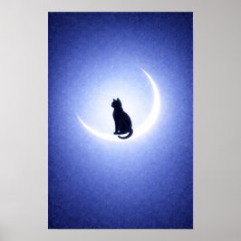 Black Cat Moon Wall Art – Celestial Blue Decor Poster
