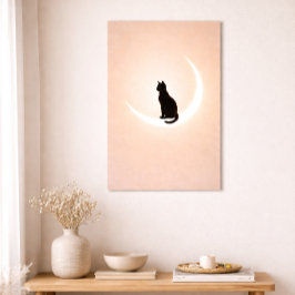 Black Cat Moon Wall Art – Neutral Beige Home Decor Poster