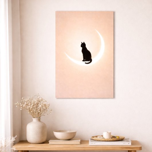 Black Cat Moon Wall Art – Neutral Beige Home Decor Poster