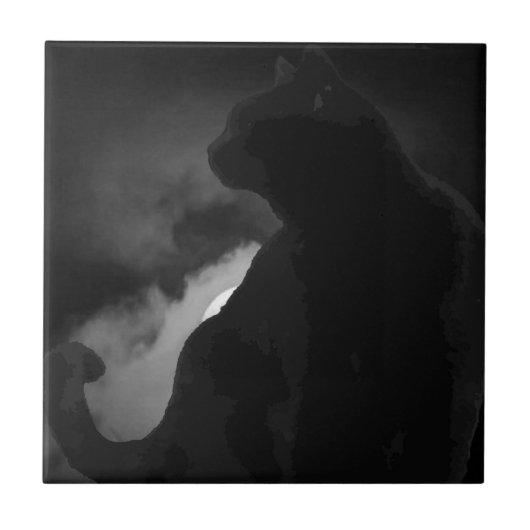 Black Cat Moonlight Silhouette Fliese (Vorderseite)