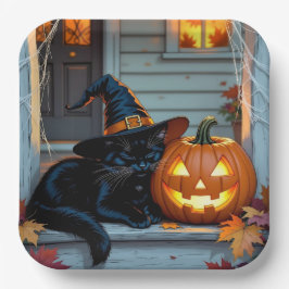 Black Cat Napping on Pumpkin Halloween  Pappteller