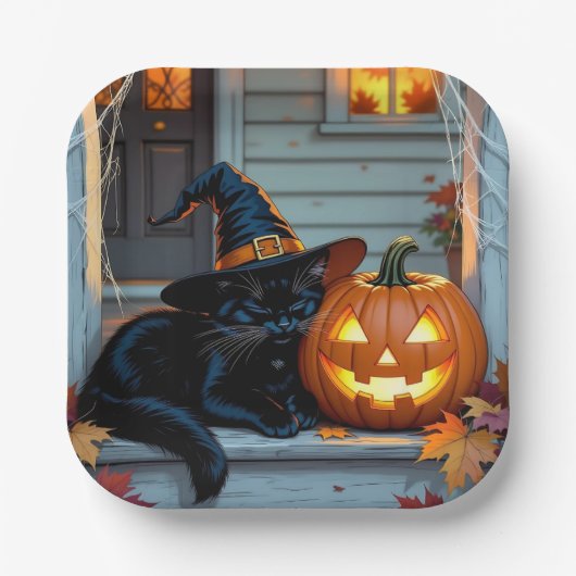 Black Cat Napping on Pumpkin Halloween Pappteller (Vorderseite)
