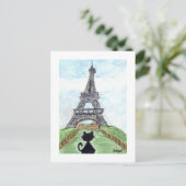 Black cat Noir Chat Blick auf den Eiffelturm Kunst Postkarte (Stehend Vorderseite)