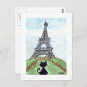 Black cat Noir Chat Blick auf den Eiffelturm Kunst Postkarte (Vorne/Hinten)