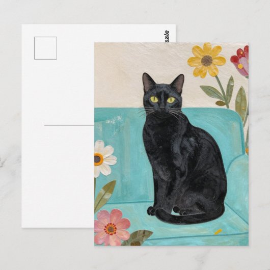 Black Cat on a Blue Couch Postkarte (Vorne/Hinten)