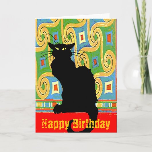 Black Cat on Abstract Wallpaper, Happy Birthday Karte (Vorderseite)