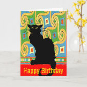 Black Cat on Abstract Wallpaper, Happy Birthday Karte (Gelbe Blume)