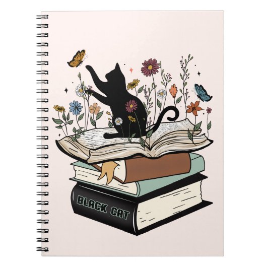 Black Cat on Book Funny Cat Notebook Notizblock (Vorderseite)