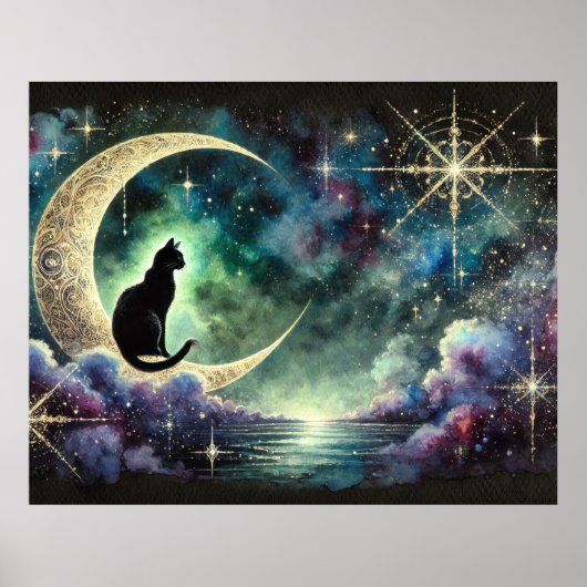 Black Cat on Crescent Moon mit Starry Night Sky Poster (Vorne)