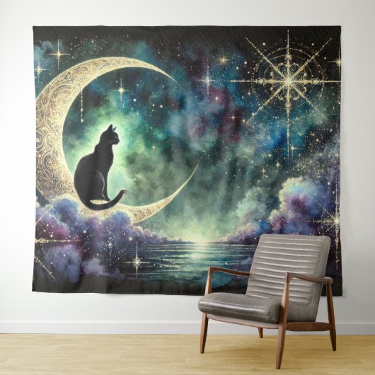 Black Cat on Crescent Moon mit Starry Night Sky Wandteppich (Beispiel (Horizontal))
