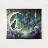 Black Cat on Crescent Moon mit Starry Night Sky Wandteppich (Vorderseite (Horizontal))