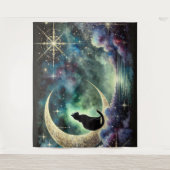 Black Cat on Crescent Moon mit Starry Night Sky Wandteppich (Vorderseite)