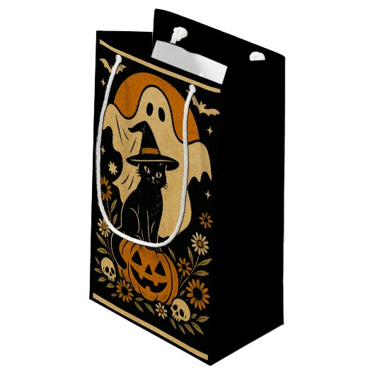 Black Cat on Pumpkin Halloween Geschenktasche - Sp Kleine Geschenktüte (Rückseite Schrägansicht)