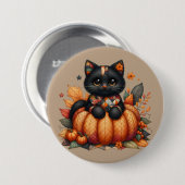 Black Cat on Pumpkin mit Herbst Quilt Muster Button (Vorne & Hinten)