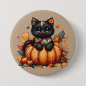 Black Cat on Pumpkin mit Herbst Quilt Muster Button (Vorderseite)
