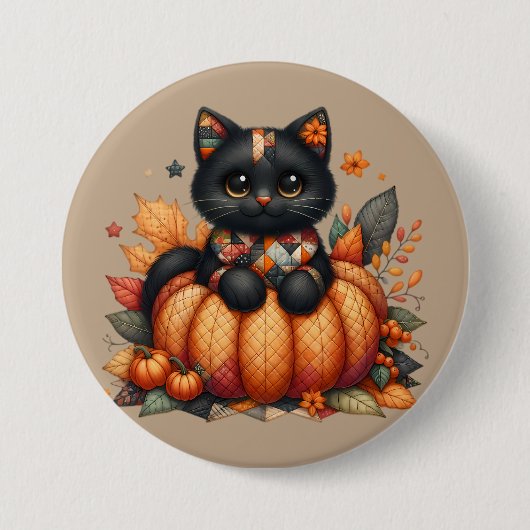 Black Cat on Pumpkin mit Herbst Quilt Muster Button (Vorderseite)