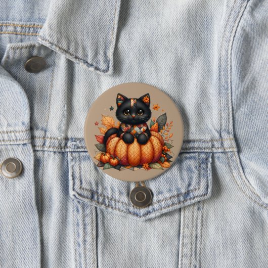 Black Cat on Pumpkin mit Herbst Quilt Muster Button (Beispiel)