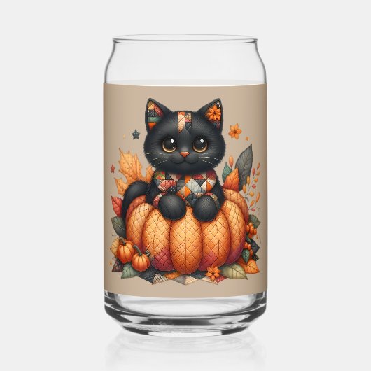 Black Cat on Pumpkin mit Herbst Quilt Muster Dosenglas (Vorderseite)