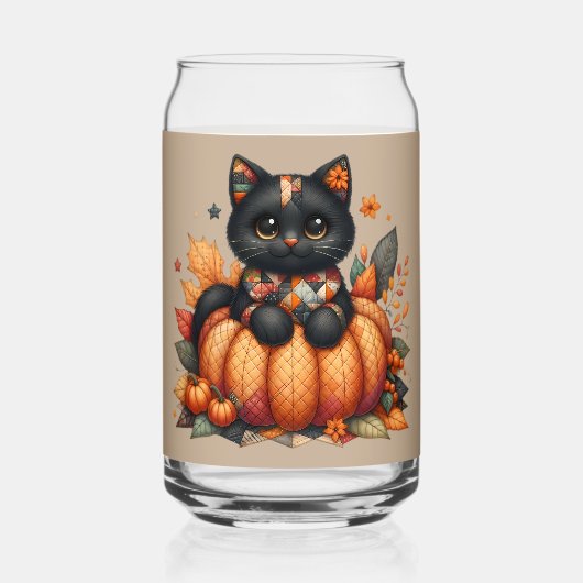 Black Cat on Pumpkin mit Herbst Quilt Muster Dosenglas (Rückseite)