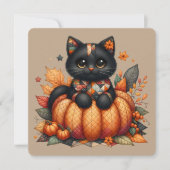 Black Cat on Pumpkin mit Herbst Quilt Muster Einladung (Vorderseite)