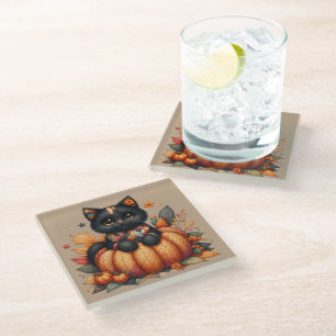 Black Cat on Pumpkin mit Herbst Quilt Muster Glasuntersetzer