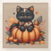 Black Cat on Pumpkin mit Herbst Quilt Muster Glasuntersetzer (Vorderseite)