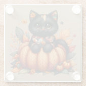 Black Cat on Pumpkin mit Herbst Quilt Muster Glasuntersetzer (Rückseite)