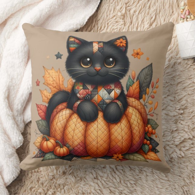 Black Cat on Pumpkin mit Herbst Quilt Muster Kissen (Decke)