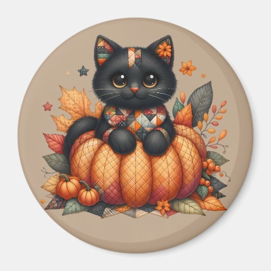 Black Cat on Pumpkin mit Herbst Quilt Muster Magnet (Vorne)