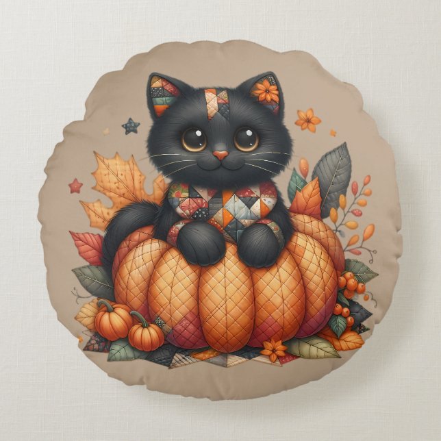Black Cat on Pumpkin mit Herbst Quilt Muster Rundes Kissen (Vorderseite)