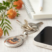 Black Cat on Pumpkin mit Herbst Quilt Muster Schlüsselanhänger (Seite)