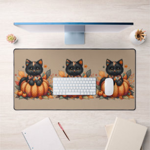 Black Cat on Pumpkin mit Herbst Quilt Muster Schreibtischunterlage