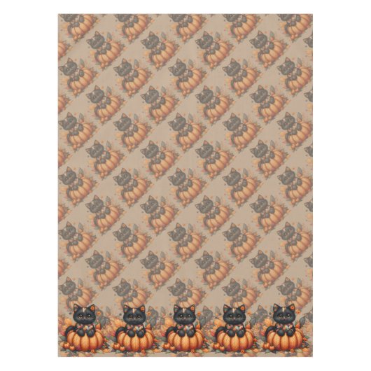 Black Cat on Pumpkin mit Herbst Quilt Muster Tischdecke (Vorderseite)