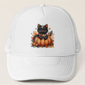 Black Cat on Pumpkin mit Herbst Quilt Muster Truckerkappe (Vorderseite)