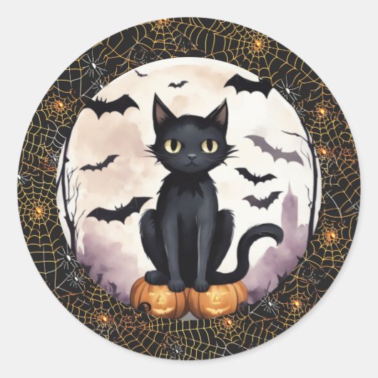Black Cat on Pumpkins and Bats Halloween Sticker (Vorderseite)