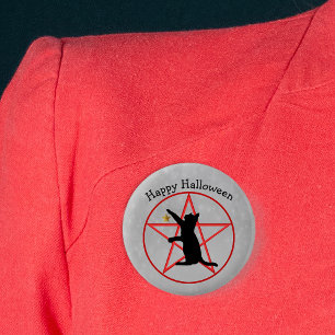 Black Cat on Red Pentagram Gray Happy Halloween Button