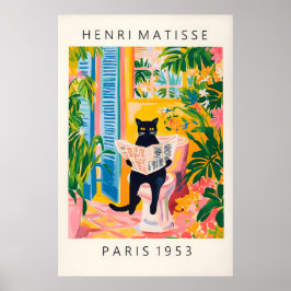 Black Cat on Toilet Mattise Style Bathroom Print Poster