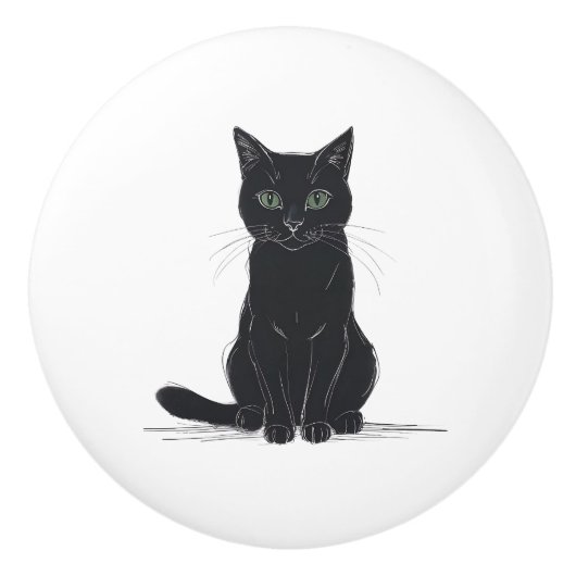 Black cat on white background door pull keramikknauf (Vorderseite)