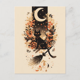 Black Cat on Witch’s Broom Under the Moon Feiertagspostkarte