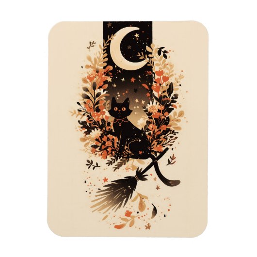 Black Cat on Witch’s Broom Under the Moon Magnet (Vertikal)