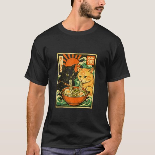 Black Cat Orange Cat Slurping Ramen Japanese Cat R T-Shirt (Vorderseite)
