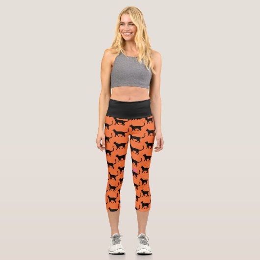 Black Cat Orange Crazy Cat Woman Capri Leggings (Vorderseite)