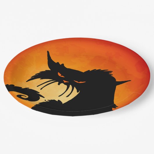 Black Cat Orange Moon Pappteller (Schrägansicht)