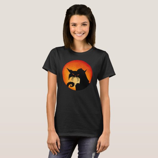 Black Cat Orange Moon T-Shirt (Vorne ganz)